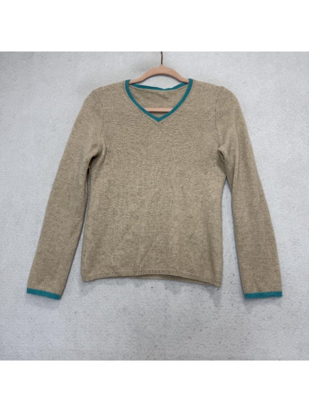 cashmere Sweater Womens Small Beige V Neck Long Sleeve Knit Pullover Teal Trim